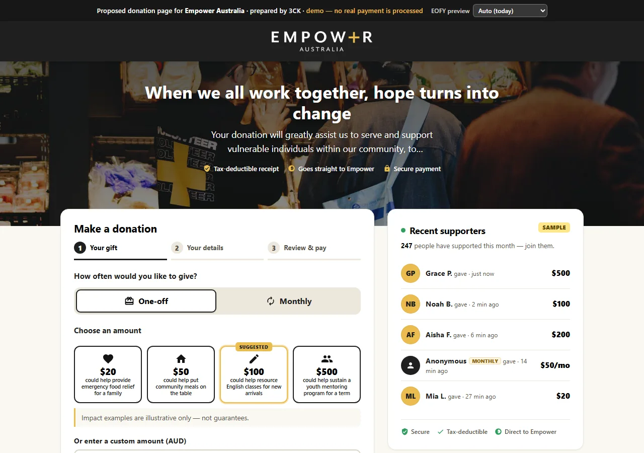 A live Donation Engine 3CK built for Empower Australia