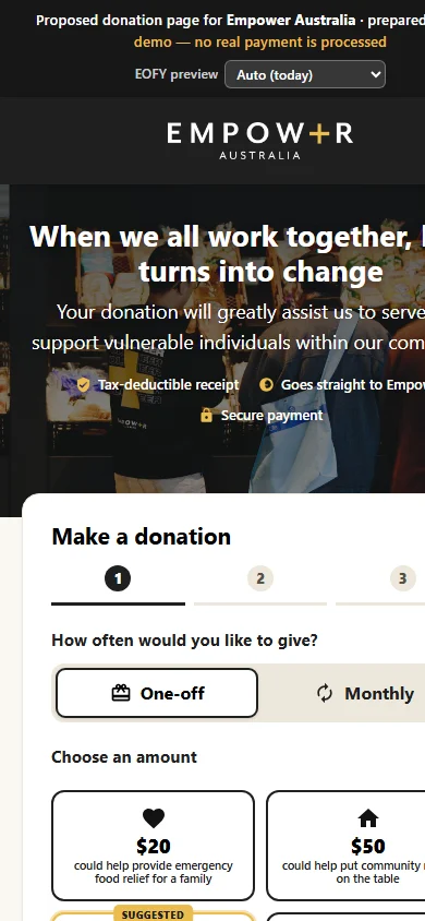 A live donation page 3CK built and runs — a fast, warm three-step giving flow with tax-deductible receipt and secure payment.
